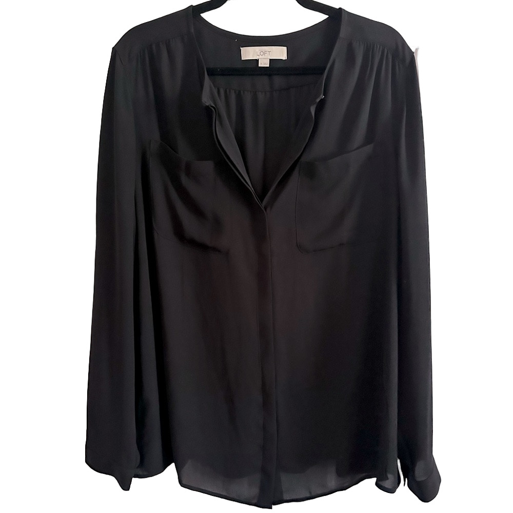 LOFT Semi-Sheer Black Long Sleeve Button-Up Blouse Witchy Minimalist - Sz XL